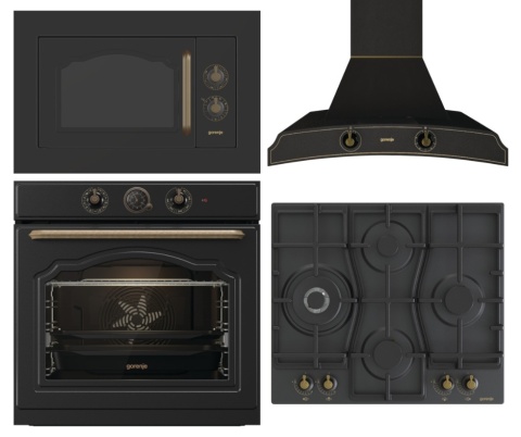 Zestaw RETRO czarny Gorenje Piekarnik + płyta gazowa + okap + mikrofala