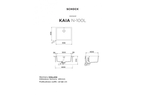 SCHOCK zlewozmywak KAIA N-100L MAGMA CRISTADUR® do szafki 60cm