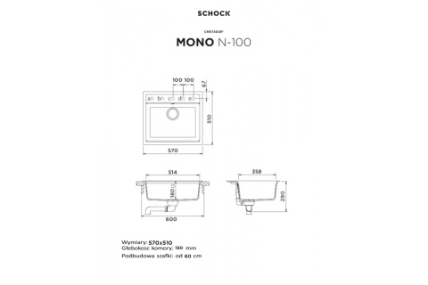 SCHOCK zlewozmywak MONO N-100 Magma CRISTADUR® do szafki 60cm