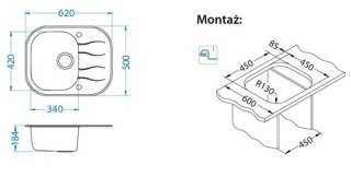 Zlew szklany Alveus WAVE 10 620 x 500 mm zółty + syfon POP-UP